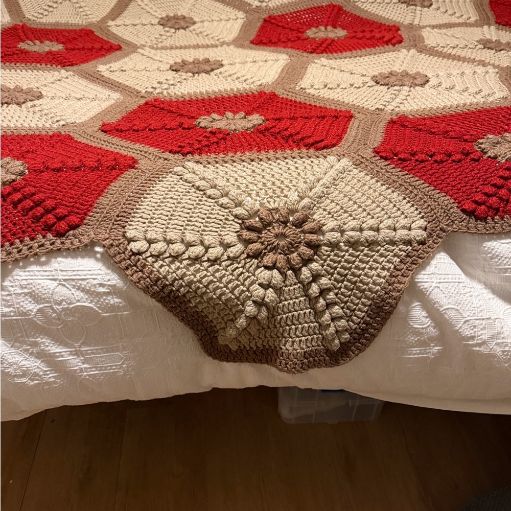 Vintage Handmade Red and Beige Crochet Blanket